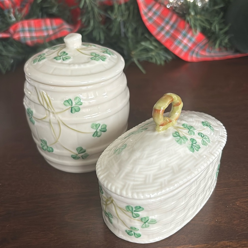 Adorable Beleek Bone China jam jar and trinket box